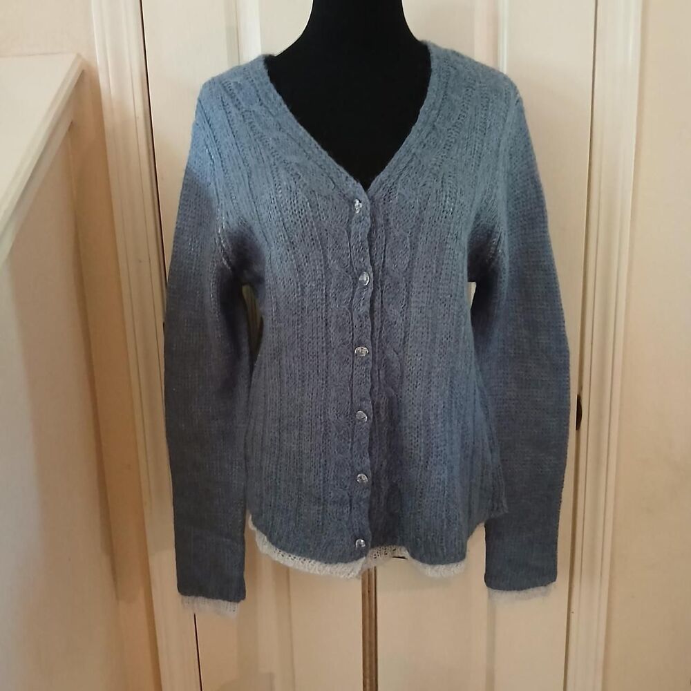 NWOT NorthStyle Blue Mohair Blend Cable Knit Cardigan Sweater L Cottage Fairy
